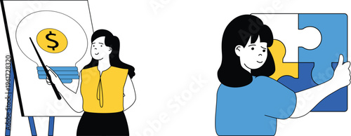 A woman presenting financial concepts while another person struggles with understanding complex financial puzzles together