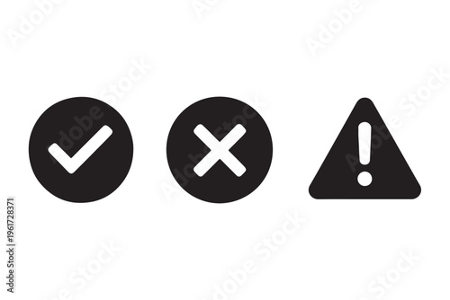 Status icon set with check mark, cross and exclamation symbols. Success, error and warning indicators vector style black silhouette on white background