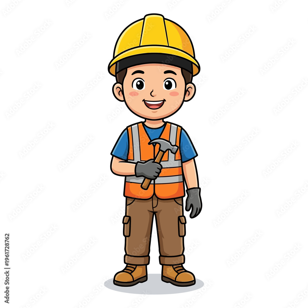 Fototapeta premium Cheerful Cartoon Construction Worker in Yellow Hard Hat and Orange Safety Vest Smiling on Plain White Background - Friendly Educational Illustration