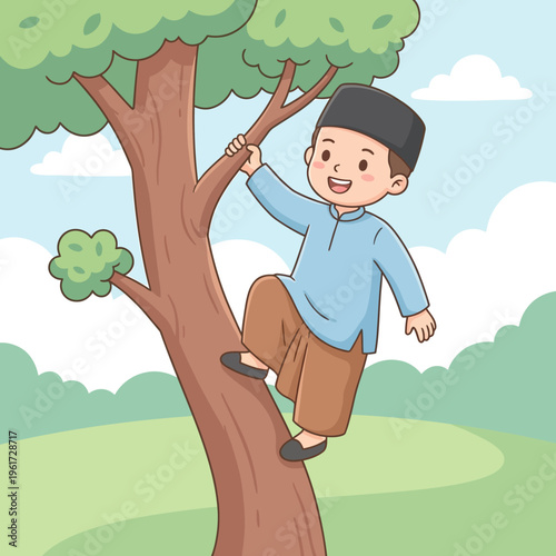 Boy Climbing Tree in Green Field