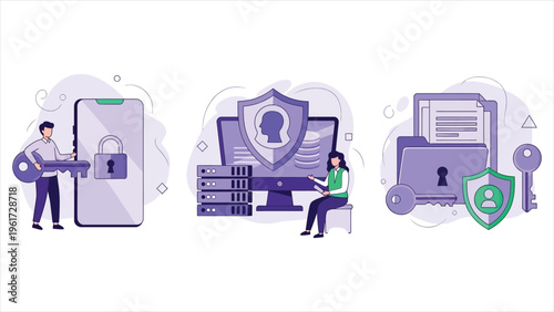 Vector illustration of AI cybersecurity, showing characters leveraging artificial intelligence technology to safeguard data, ensure privacy, and maintain secure networks