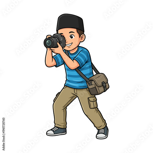 Young boy with cap and sneakers taking a photo, showcasing photography with a camera, centered in a white studio illustration, viewed from front