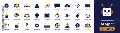 AI agent icon set. Containing ai chip, agent group, auto drive, bias alert, chat bubble, cloud upload, data cluster, robot arm, target aim and more. Solid fill vector icons collection.