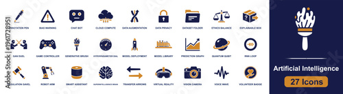 Artificial intelligence icon set. Containing AI brain, chatbot, robot face, smart speaker, tensor processor, AI cloud, AI drone, security lock, target hit and more. Solid fill vector icons.