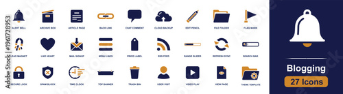 Blogging icon set. Containing article, comment, folder, backup, alert, search, video, archive, mail, lock and more. Solid fill vector icons collection for digital blog publishing design.