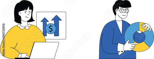Professional duo discussing financial growth and investment strategies with visual aids and technology