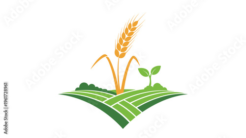 Wheat stalk and green seedling agricultural logo represents sustainable farming and organic crop growth in a minimalist vector style.