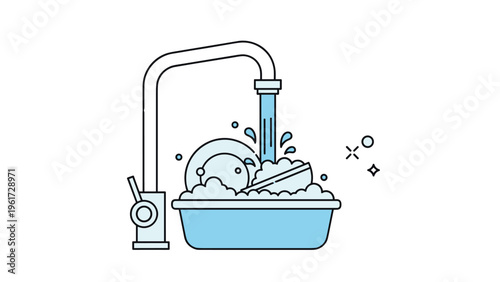 Kitchen faucet pouring water over dirty dishes with bubbles illustrates the daily household task of hand washing dinnerware in the sink.
