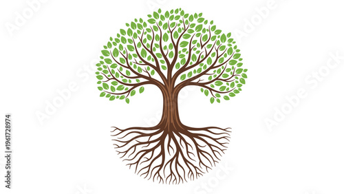 Large green tree with detailed branches and extensive root system signifies life growth and environmental stability on a white background.