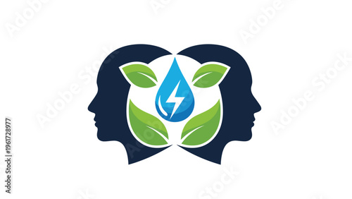 Conceptual ecology logo with two human profile silhouettes and a water drop containing a lightning bolt for renewable energy ideas.