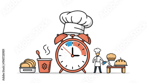 Creative illustration of an alarm clock wearing a chef hat surrounded by fresh bakery goods and a miniature baker character at work.