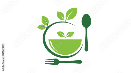 Nutritional health icon with a fork spoon and bowl surrounded by green leaves representing organic diet and vegetarian food choices.