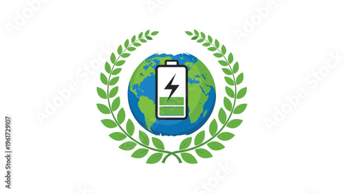 Sustainable global power logo featuring a battery icon with a lightning bolt on a globe encircled by a green laurel wreath.