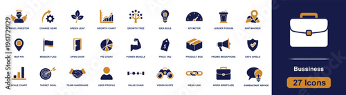 Business services icon set. Containing briefcase, manager, checklist, handshake, conference table, delivery truck, office, shopping cart, secure document and more. Solid fill vector icons.