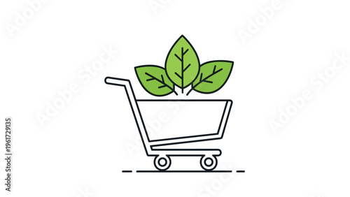 Eco friendly shopping cart icon carrying three green leaves represents sustainable consumerism and the purchase of organic products.