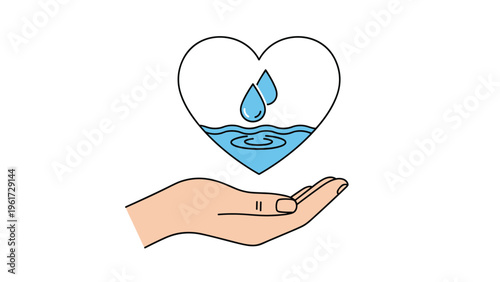 Compassionate hand holding a heart shape filled with blue water and droplets symbolizes water conservation and caring for the planet.