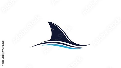 Minimalist dark blue silhouette of a shark fin cutting through stylized ocean waves isolated on a plain white background.