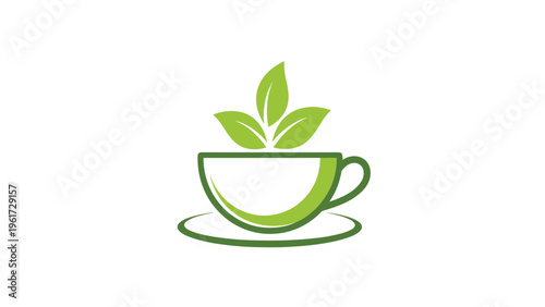 Healthy green tea logo with a white ceramic cup and saucer and three green leaves sprouting upwards representing natural herbal drinks.
