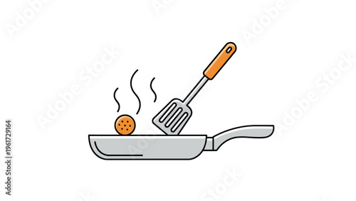 Simple kitchen illustration of a frying pan with a spatula flipping a food item and steam rising from the hot cooking surface.