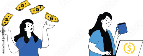 Two women illustrating concepts of earning money and online savings with visual aids like cash and laptop icons