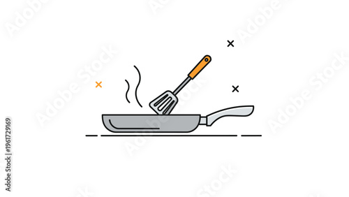 Minimalist kitchen equipment icon showing a grey frying pan with a spatula and steam wisps on a clean white background.