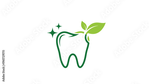 Holistic dental health logo featuring a green tooth outline with shimmering stars and a leaf sprout representing natural oral care.
