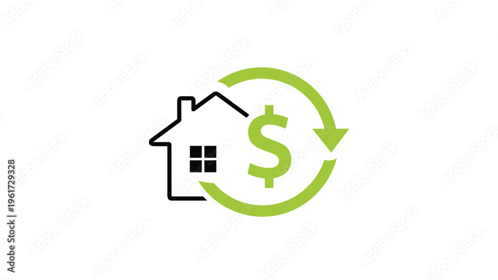 Obraz premium House icon combined with a green dollar sign and a circular arrow represents real estate investment and home financing returns.