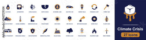 Climate crisis icon set. Containing acid rain, coral bleach, global warming, greenhouse gas, heat wave, wildfire, solar panel, wind turbine and more. Solid fill vector icons collection.