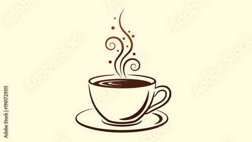 Classic white coffee cup on a saucer with artistic brown steam swirls and coffee beans against a light yellow background.