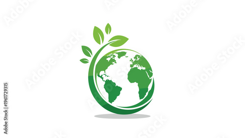 Green globe with leaves wrapping around it symbolizes world environmental protection and global movement towards sustainable living.