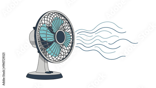 Electric desk fan blowing air depicted in a simple line art style shows ventilation and cooling for home or office use.