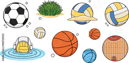 Collection of sports equipment vector illustrations including soccer volleyball basketball water polo field grass and court elements set