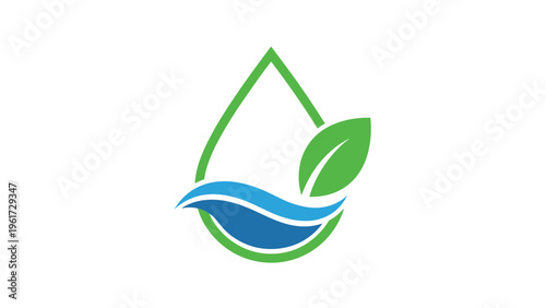 Stylized water drop containing a blue wave and a green leaf represents water purity and environmental protection for oceans and rivers.