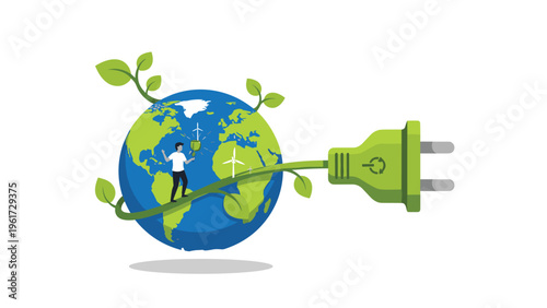 Man on a globe connected to a large green electric plug with leaves symbolizes human action for global renewable energy.