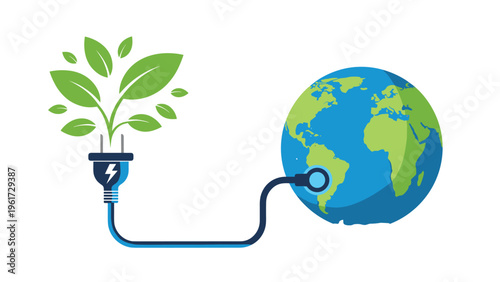 Planet earth connected to a large green electric plug with multiple leaves represents global shift towards clean and green energy.