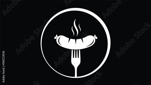White silhouette of a cooked sausage on a fork inside a white circle against a solid black background representing meat and grill.