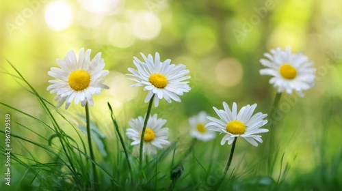 shallow. Fresh daisies scattered on soft green grass with vibrant colors and natural daylight. gardening catalogs, home-decor guides, designed for home decor and floral branding.
