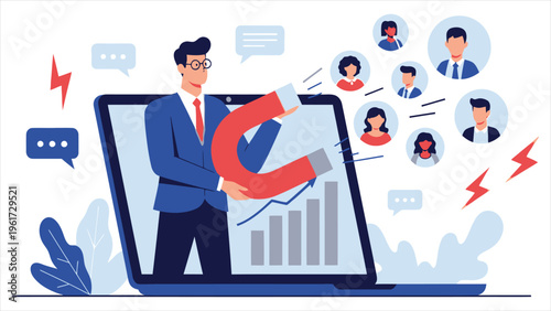 Attracting Clients Concept – Man with Magnet on Laptop Marketing & KYC Illustration.