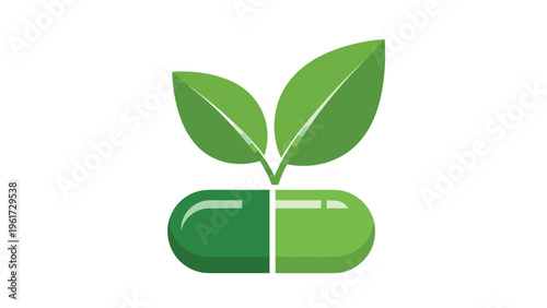 Natural herbal medicine concept shows green medical capsule with healthy leaves sprouting from the center on white background.