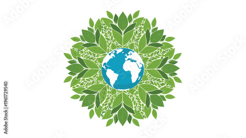 Small blue and white planet earth globe centered within a lush and dense circular wreath of vibrant green leaves for earth day.