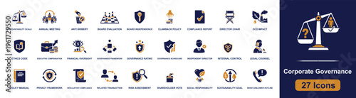 Corporate governance icon set. Containing ethics, compliance, voting, risk, privacy, policy, oversight, counsel and more. Solid fill vector icons collection for business governance design.