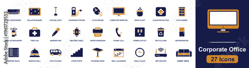 Corporate office icon set. Containing air conditioner, computer monitor, file cabinet, first aid, paper shredder, standing desk, wifi router and more. Solid fill vector icons collection.