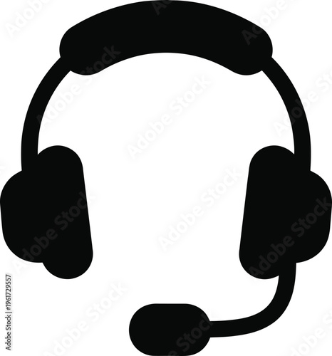 Black headset silhouette with microphone on white background
