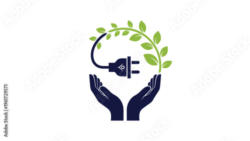 Green energy protection concept features hands holding an electric plug surrounded by a circular vine of leaves for clean power.