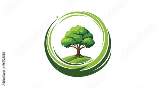 Lush green tree on a small hill enclosed within a stylized circular brushstroke frame serves as a symbol for nature conservation.