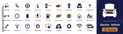 Electric vehicle icon set. Containing charger, battery, dashboard, station, climate, signal, tire, screen, service and more. Solid fill vector icons collection for EV transport design.
