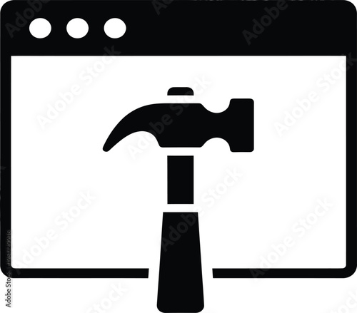 Black hammer icon on browser window, web development tool, coding symbol
