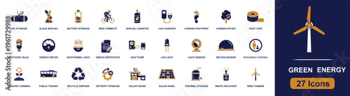 Green energy icon set. Containing solar panel, wind turbine, biofuel, battery storage, car charger, recycle, transit, heat pump, carbon offset and more. Solid fill vector icons collection.
