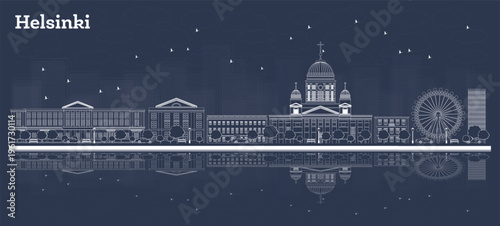 Outline Helsinki Finland City Skyline with White Buildings and reflections. Illustration. Business Travel and Tourism Concept with Historic Architecture. Helsinki Cityscape with Landmarks.