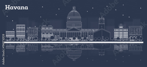 Outline Havana Cuba City Skyline with White Buildings and reflections. Illustration. Business Travel and Tourism Concept with Historic Architecture. Havana Cityscape with Landmarks.